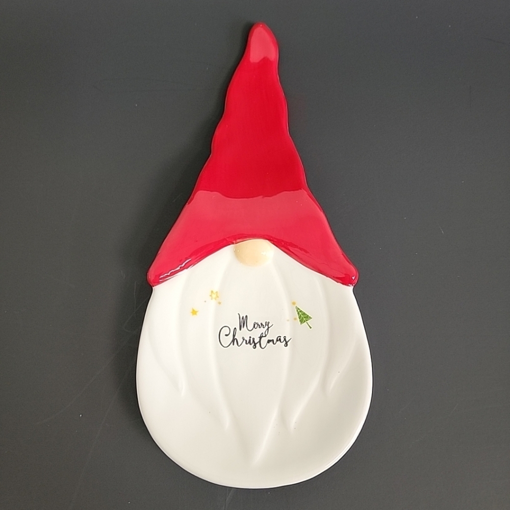 Gnome Spoon Rest Merry Christmas 10 Inches Long Stars Christmas Tree Red White